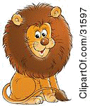 clipart illustration of a young male lion with a big brown mane sitting and smiling by alex bannykh