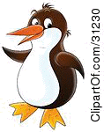 clipart illustration of a happy brown and white penguin dancing by alex bannykh